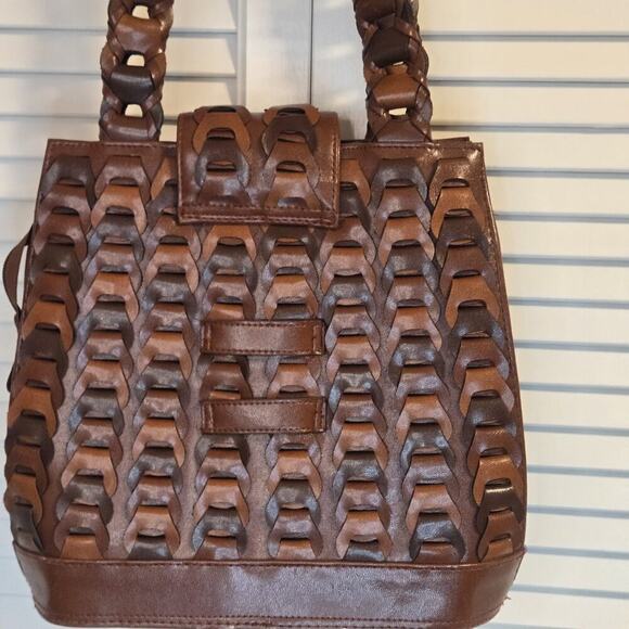 Braided Quality Leather Shoulder Bag Cognac Brown Retro Brushed Silver Closure - Picture 6 of 12